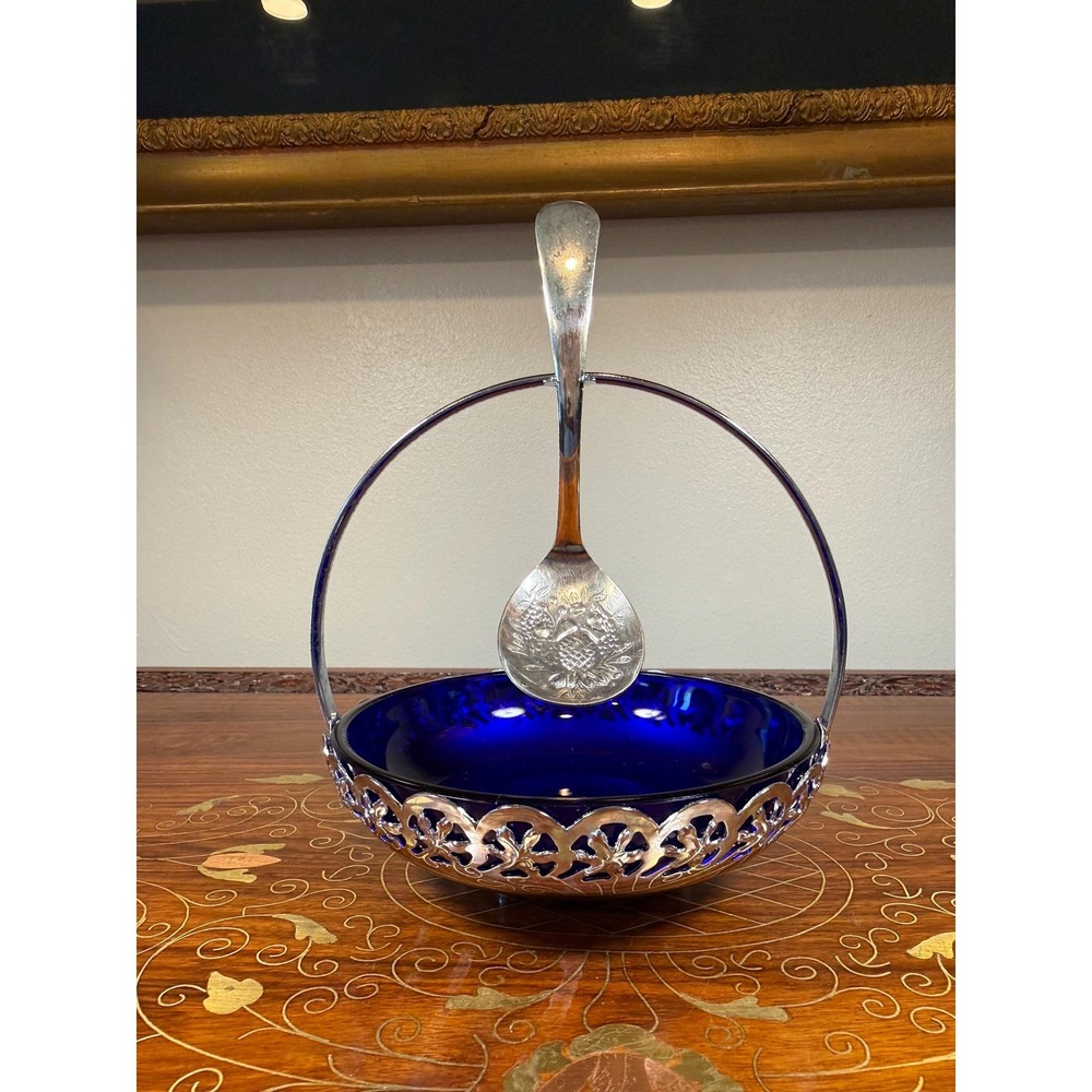 Vintage Cobalt Blue Jam Dish with Silver Plate Holder & Spoon - Picture 16 of 17